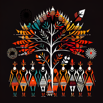 "Colorful Tales: Warli Art Print on Black Background for Vibrant Spaces"