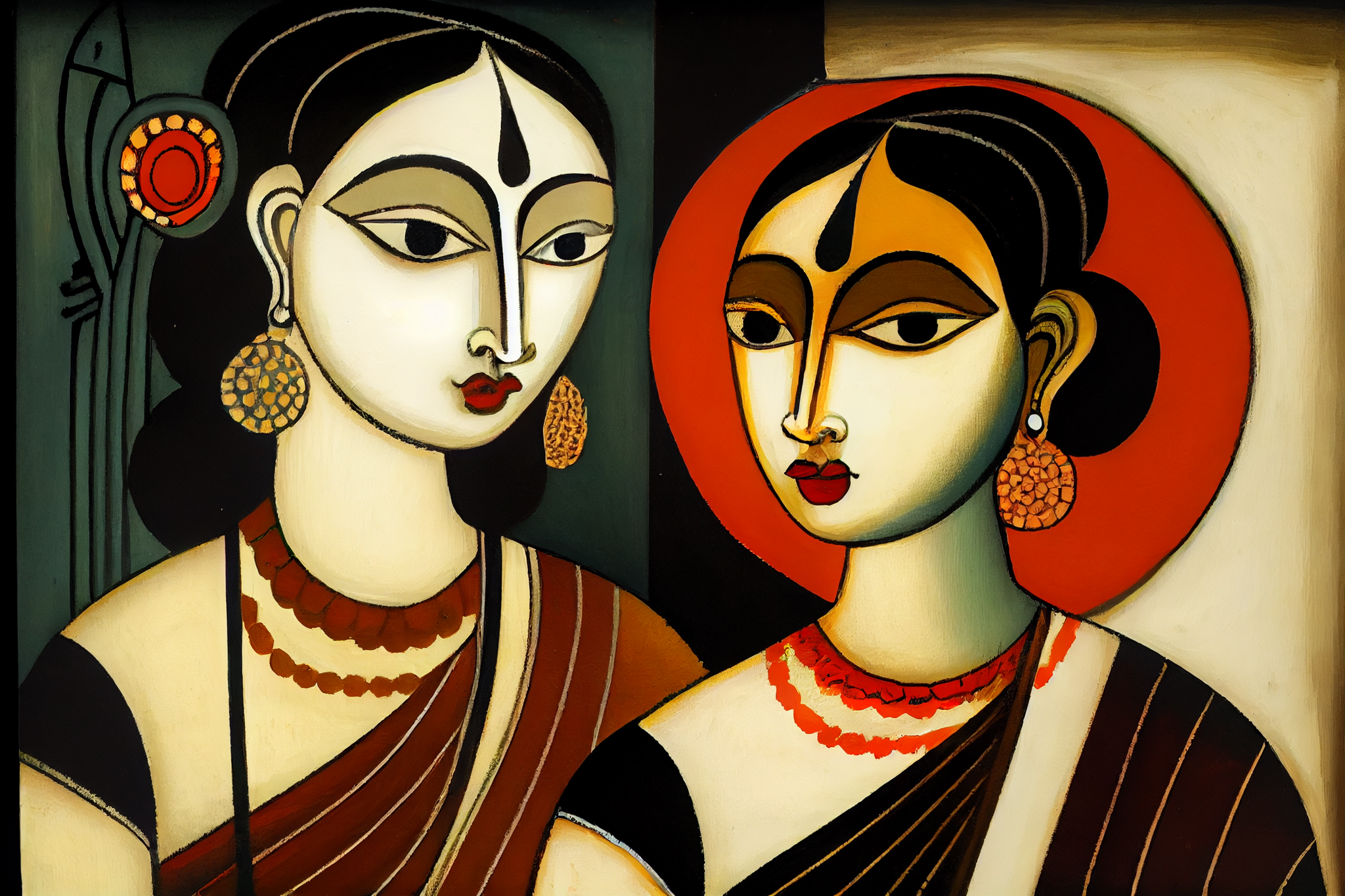 Exquisite Depiction of Indian Femininity: Kalighat Painting Print of Two Women