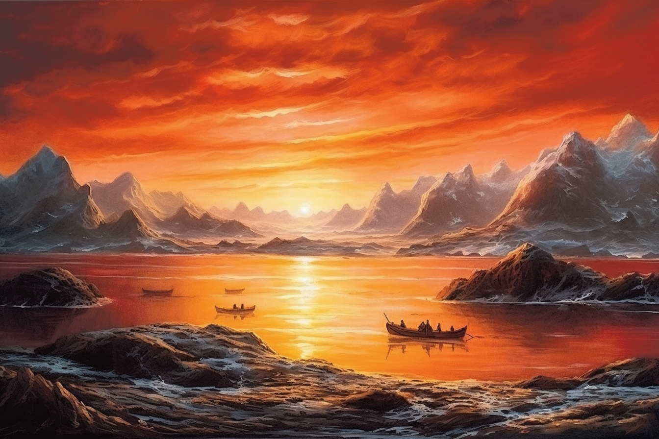 Print of a Breathtaking Sunset Painting in Greenland - A Serene Arctic Landscape