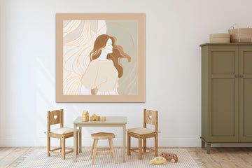Graceful Simplicity: A Minimalistic Line Art Print of a Lady Against a Soft Pastel Background with Beige and White Shapes in Soft Neutrals