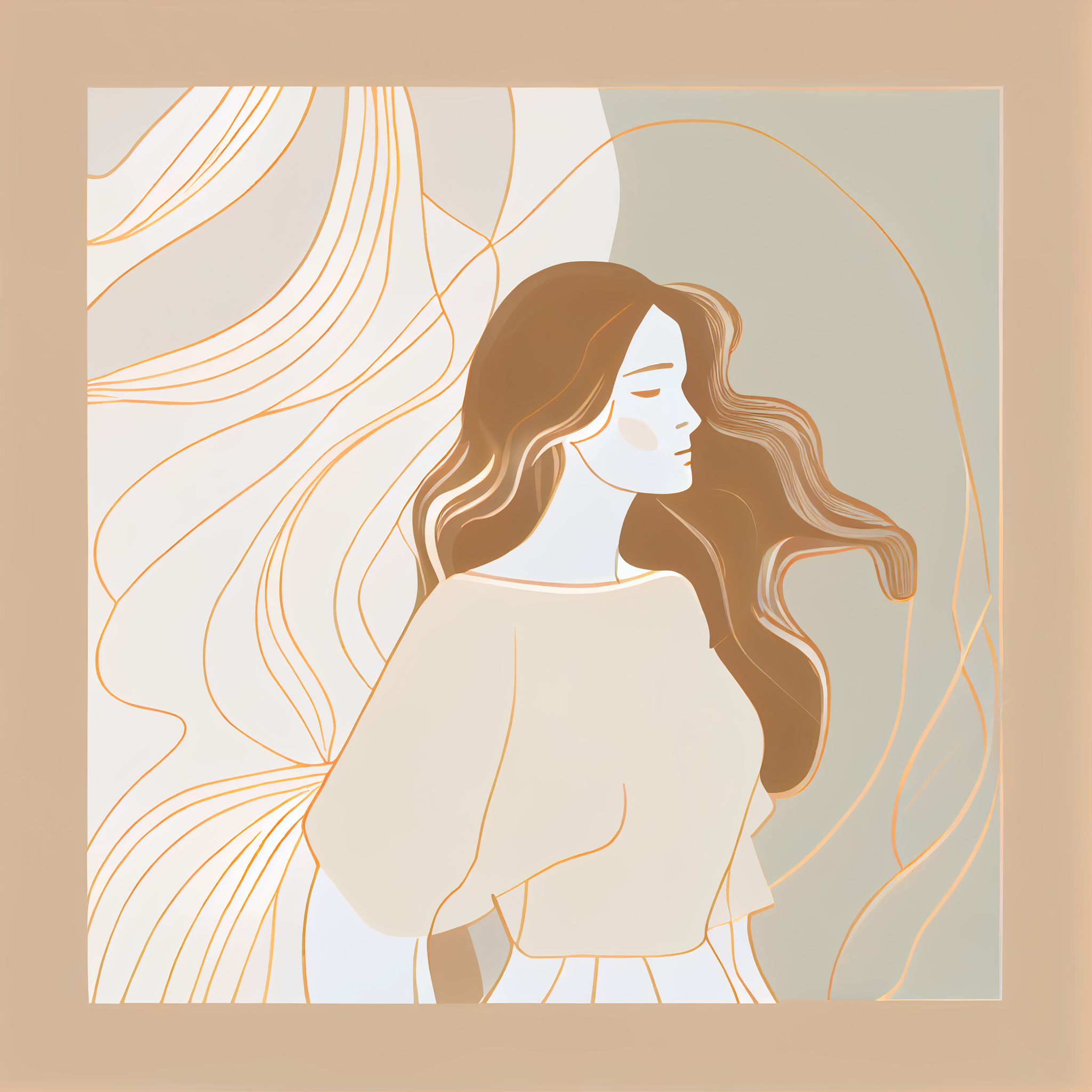Graceful Simplicity: A Minimalistic Line Art Print of a Lady Against a Soft Pastel Background with Beige and White Shapes in Soft Neutrals
