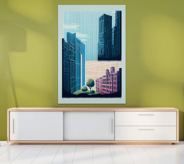 Urban Oasis: Captivating Line Art Print of a Perfect Harmony Cityscape with Towering Buildings and Lush Trees