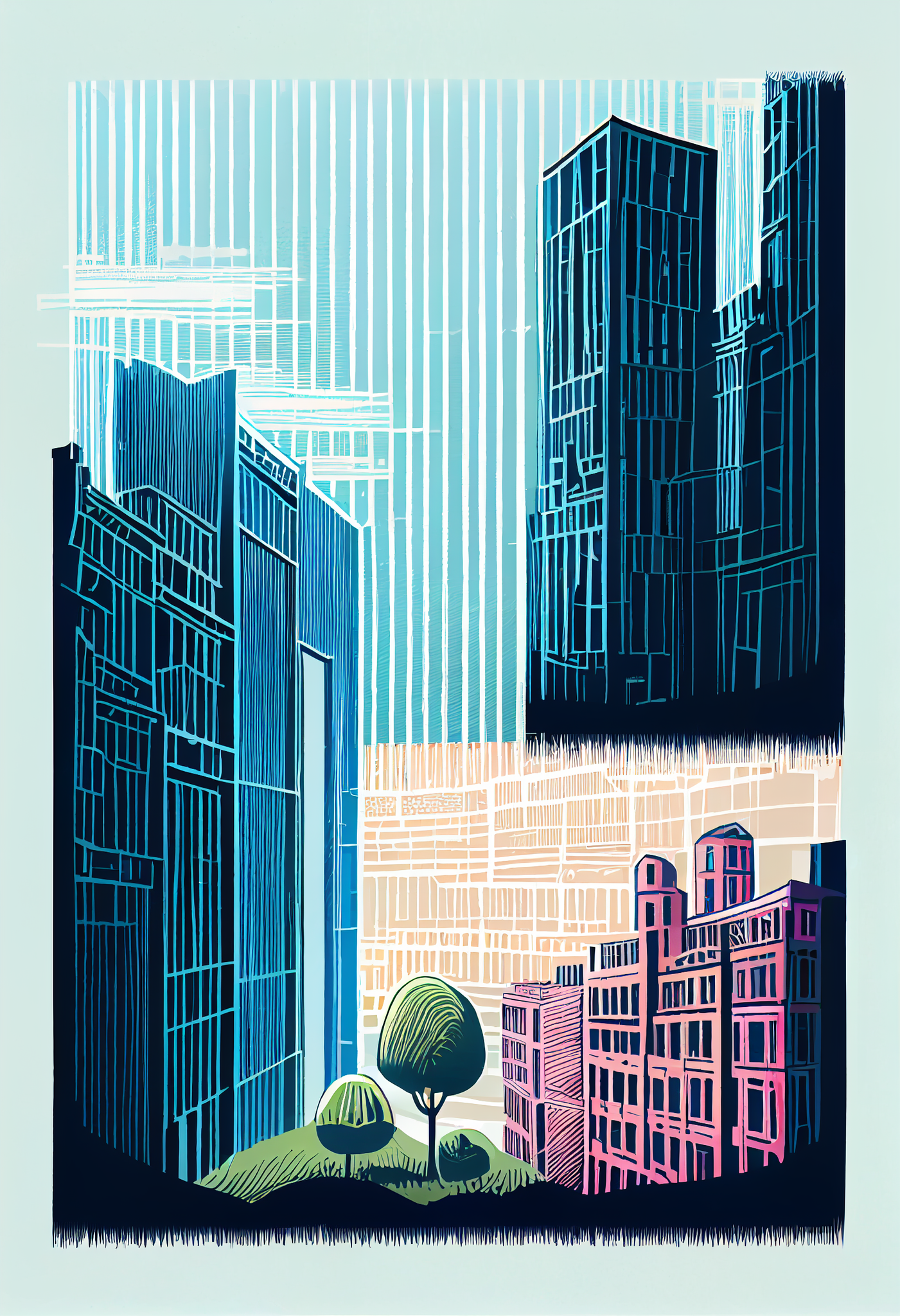 Urban Oasis: Captivating Line Art Print of a Perfect Harmony Cityscape with Towering Buildings and Lush Trees