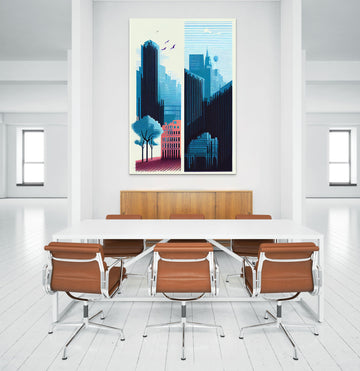 Skyline Symphony: A Vibrant Cityscape in Shades of Blue and Pink, Set Against a Serene Sky with Soaring Birds