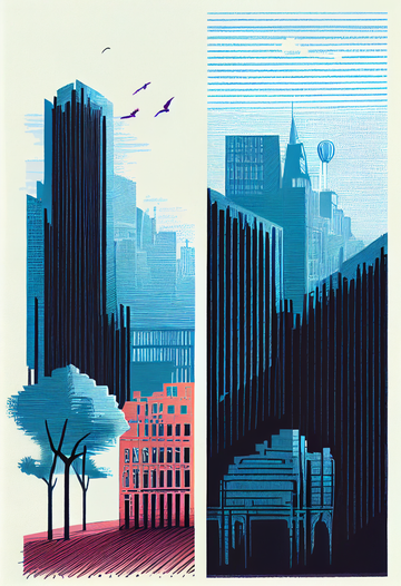 Skyline Symphony: A Vibrant Cityscape in Shades of Blue and Pink, Set Against a Serene Sky with Soaring Birds