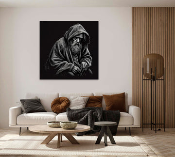 "Stillness Amidst Struggle: Powerful Line Art Print of a Beggar in a Black Background"