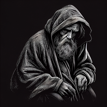 "Stillness Amidst Struggle: Powerful Line Art Print of a Beggar in a Black Background"