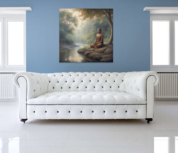 A Beautiful Oil Color Print of Lord Buddha Meditating on a Riverside