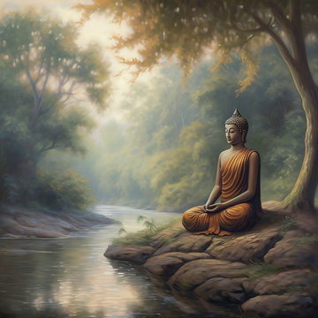 A Beautiful Oil Color Print of Lord Buddha Meditating on a Riverside