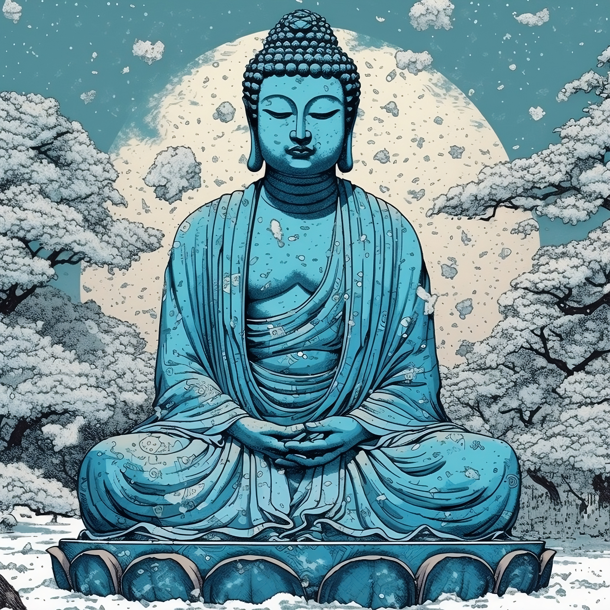 The Lord Buddha Art Print Against a Snowy Backdrop