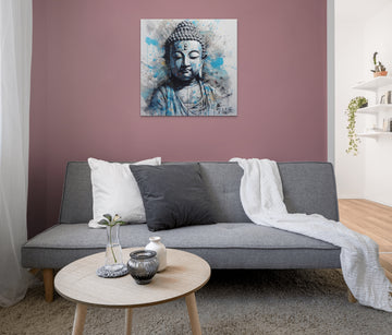Tranquil Buddha: Aqua, Grey, and White Art Print with Serene Splashes