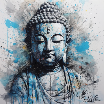 Tranquil Buddha: Aqua, Grey, and White Art Print with Serene Splashes