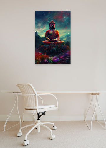 A Buddha Art Print Featuring 3D Fractals, Cool Hues, and Dazzling Rainbow Sparkles
