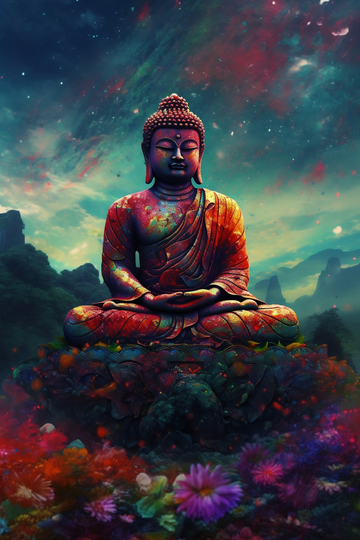 A Buddha Art Print Featuring 3D Fractals, Cool Hues, and Dazzling Rainbow Sparkles