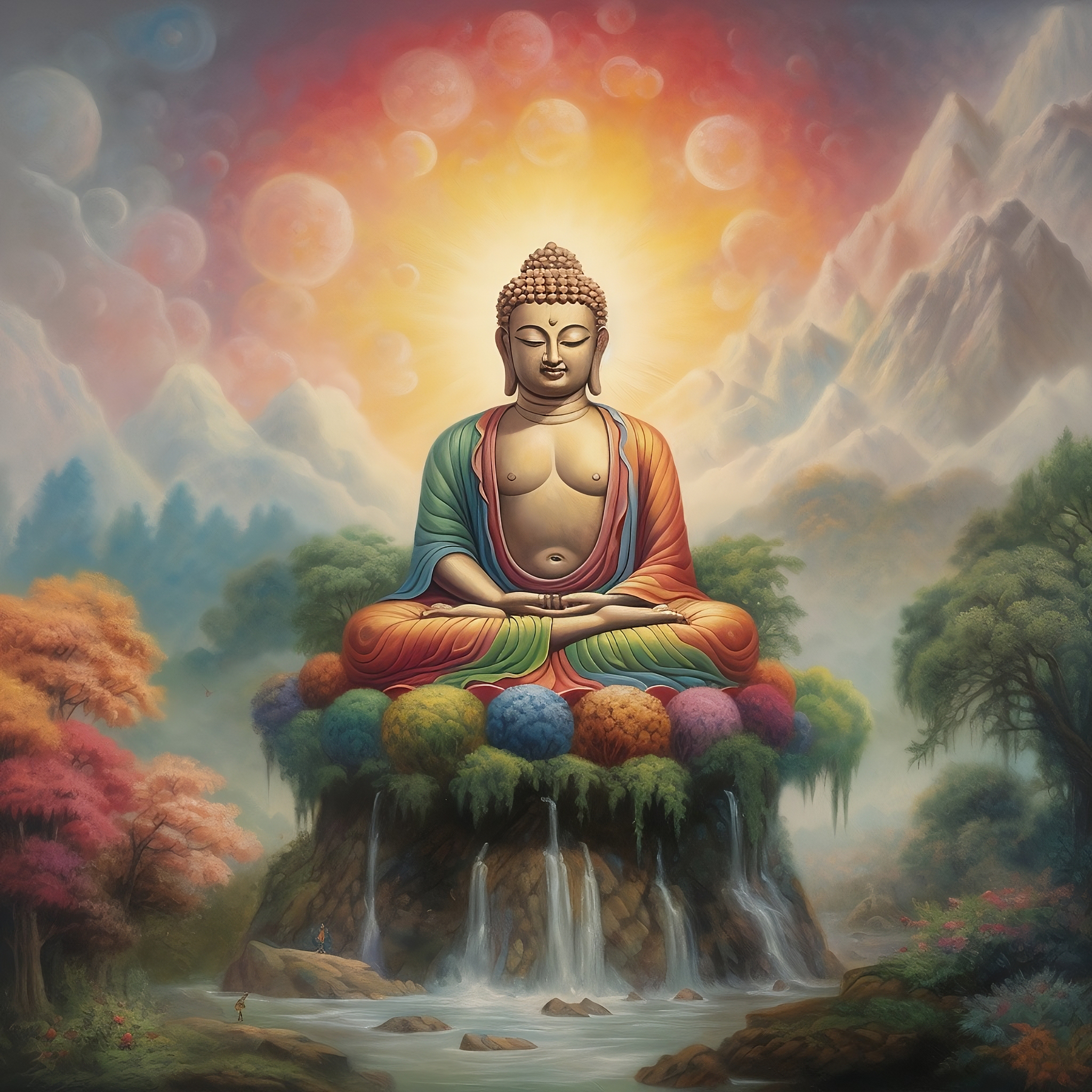 Experience Blissful Meditation Print with Gautam Buddha Above the Clouds