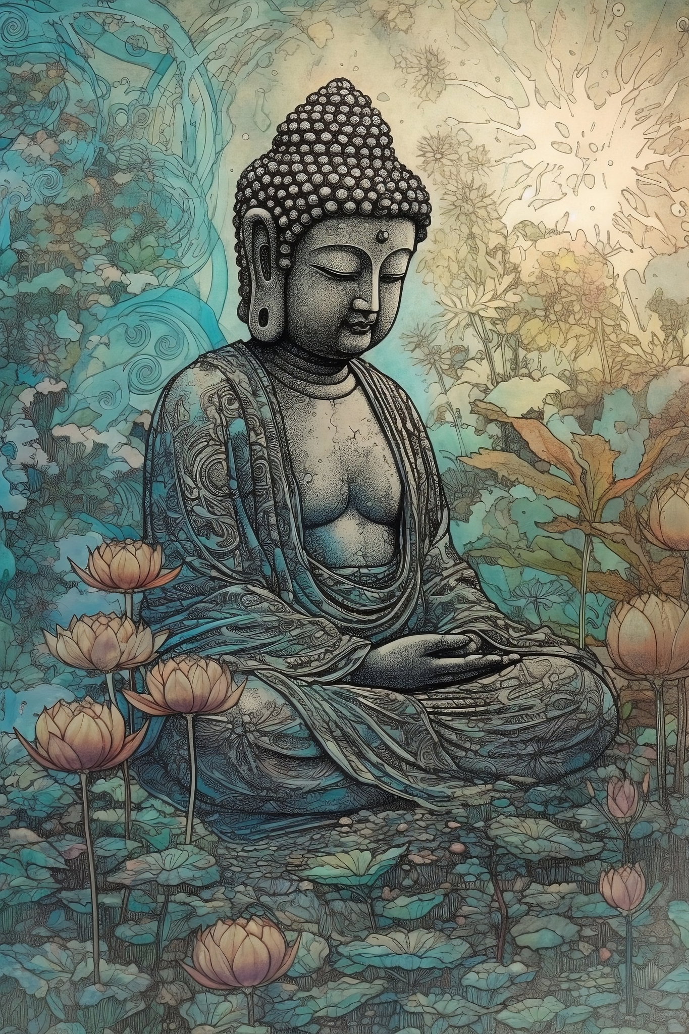 The Lord Buddha Print in Contemporary Art Nouveau Style by Akihiko Yoshida, with Flower Field Background