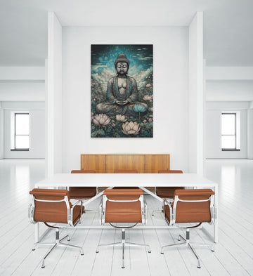 Transcendence in Aqua: A Contemporary Art Nouveau Print of Lord Buddha's Meditation Amidst Arctic and Flower Field Backgrounds