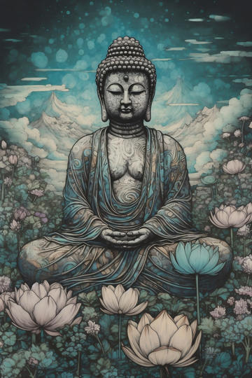 Transcendence in Aqua: A Contemporary Art Nouveau Print of Lord Buddha's Meditation Amidst Arctic and Flower Field Backgrounds