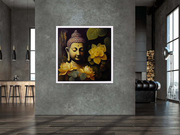 Lord Buddha Oil Painting Print with Black Background and Flower Details