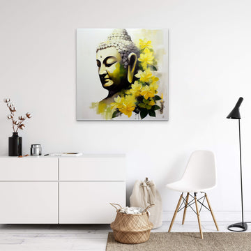 Buddha in Meditation: A Serene Oil Painting Print Adorned with Yellow Lotus Flowers