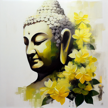 Buddha in Meditation: A Serene Oil Painting Print Adorned with Yellow Lotus Flowers