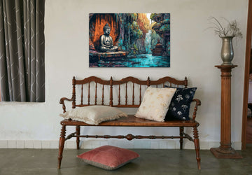River Valley Enlightenment: A Street Art-Inspired Print of Lord Buddha Meditating