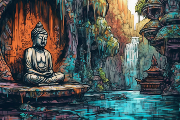 River Valley Enlightenment: A Street Art-Inspired Print of Lord Buddha Meditating