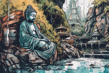 Tranquil Valley: A Comic-Style Art Print of Lord Buddha in Meditation
