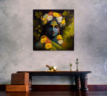 Divine Beauty: A Stunning Oil Painting Print of Lord Krishna, Adorned with Flowers