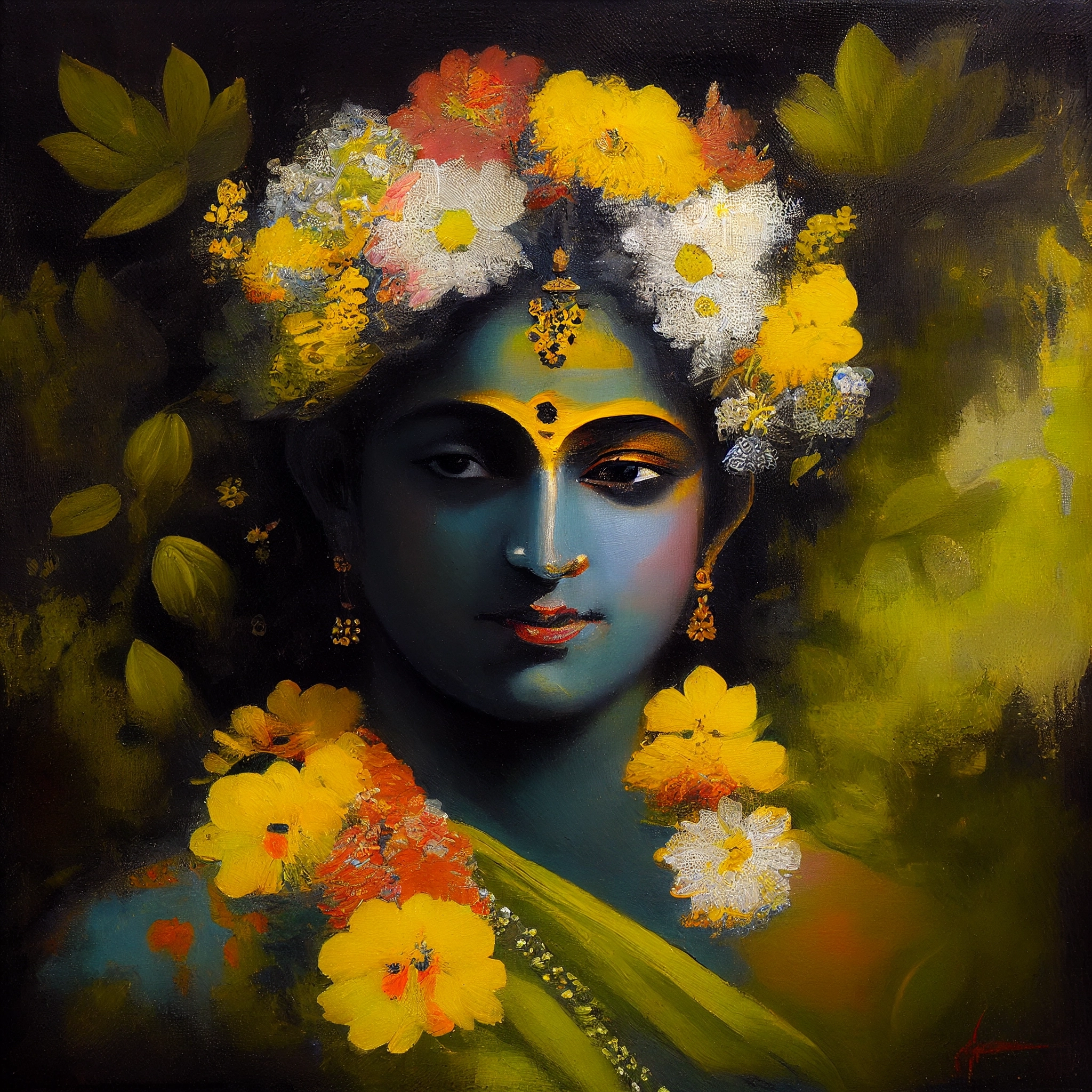 Divine Beauty: A Stunning Oil Painting Print of Lord Krishna, Adorned with Flowers