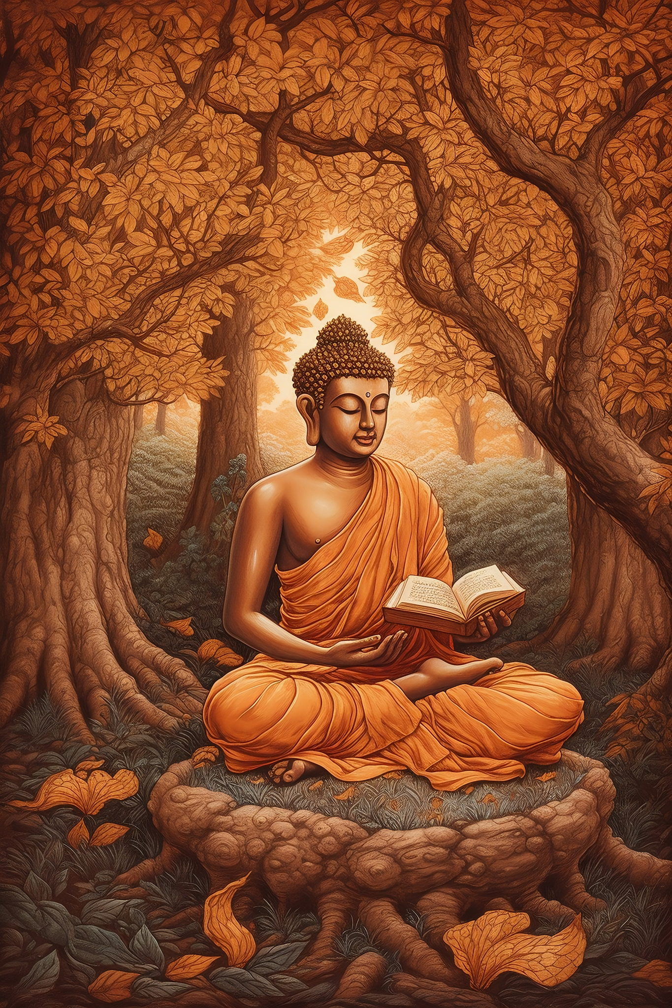 Serene Solitude: Captivating Print of Gautam Buddha Immersed in Reading Amidst the Jungle