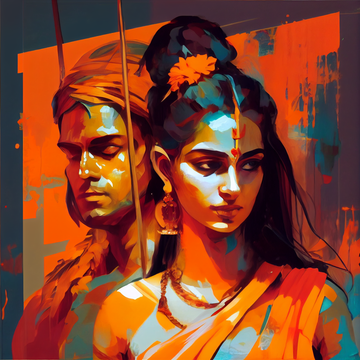 Divine Couple: Oil Painting Print of Lord Rama and Maa Sita, Perfect for Office Wall Decor and Gifting