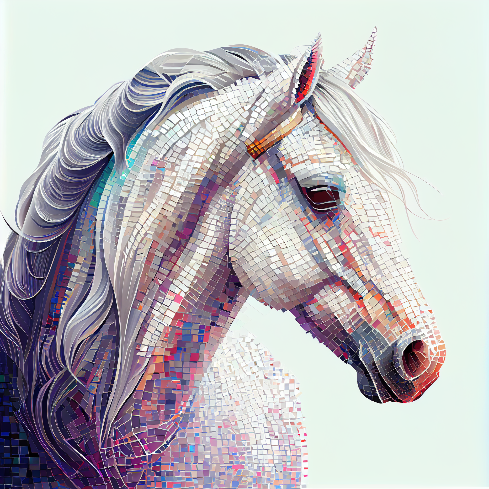 Chromatic Equine: A Mosaic Art Portrait of a Colorful White Horse