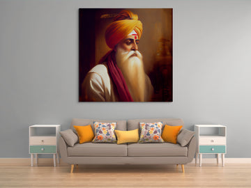Spiritual Reverence: An Oil Painting Print of Guru Nanak Dev for Living Room, Office Wall Art, and Thoughtful Gifts