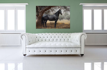 A Stunning Oil Color Painting Print of a Majestic Black Horse Beneath a Vintage Tree