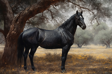 A Stunning Oil Color Painting Print of a Majestic Black Horse Beneath a Vintage Tree