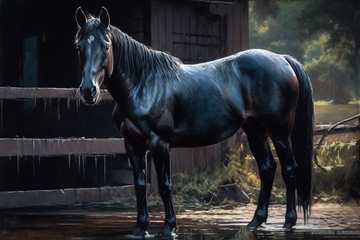 A Stunning Oil Color Painting Print of a Majestic Black Beauty Standing Proudly Outside the Stable