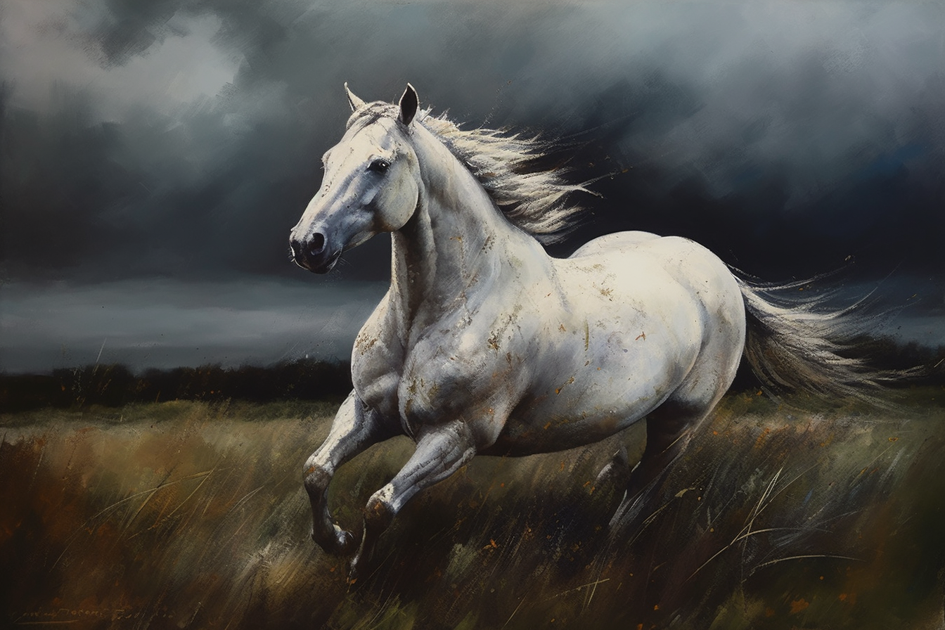 An Oil Painting of a White Horse Running Free in a Field Under a Cloudy Sky