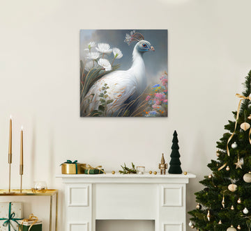 Regal Beauty: White Peacock and Blooming Flowers Art Print