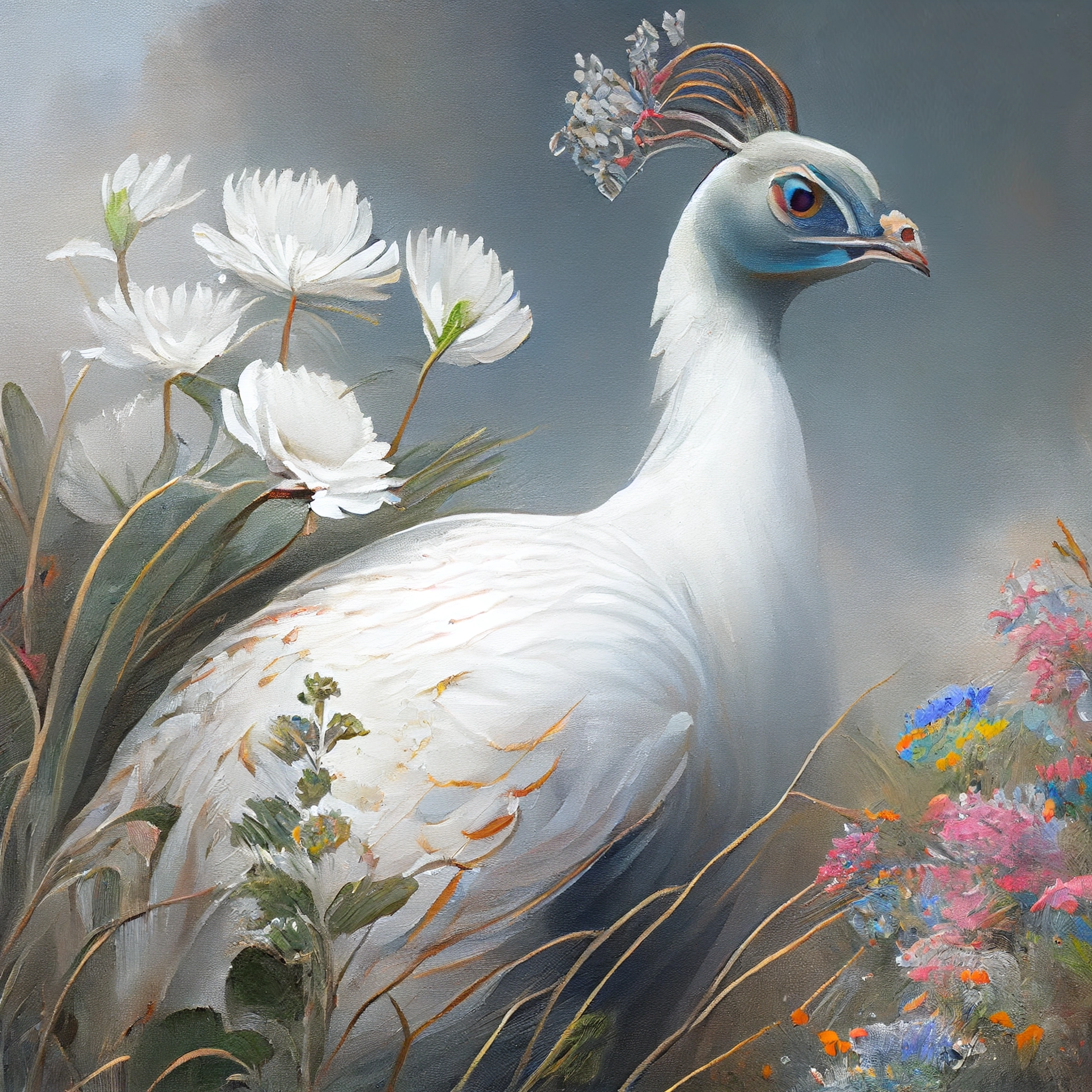 Regal Beauty: White Peacock and Blooming Flowers Art Print