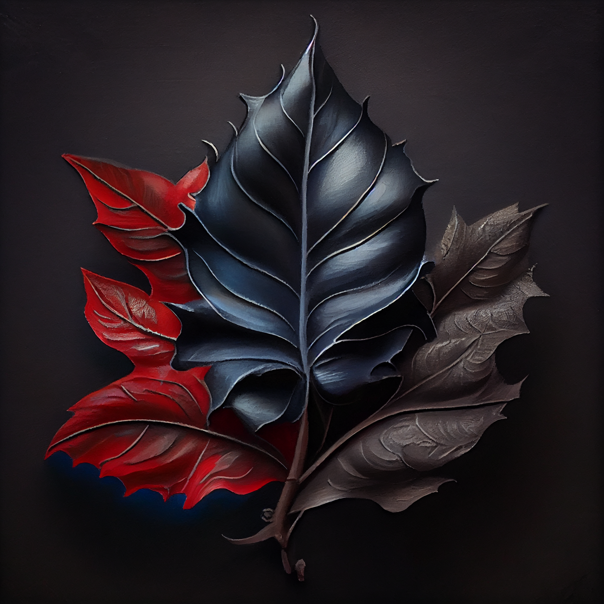 Crimson Leaves: Art Print of Three Red Velvet, Black, and Brown Leaves, Perfect for Living Room, Office Wall Decor, and Gifting