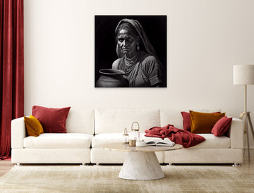 Graceful Charm: Charcoal Portrait Print of a Rajasthani Woman Holding a Pot