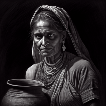 Graceful Charm: Charcoal Portrait Print of a Rajasthani Woman Holding a Pot