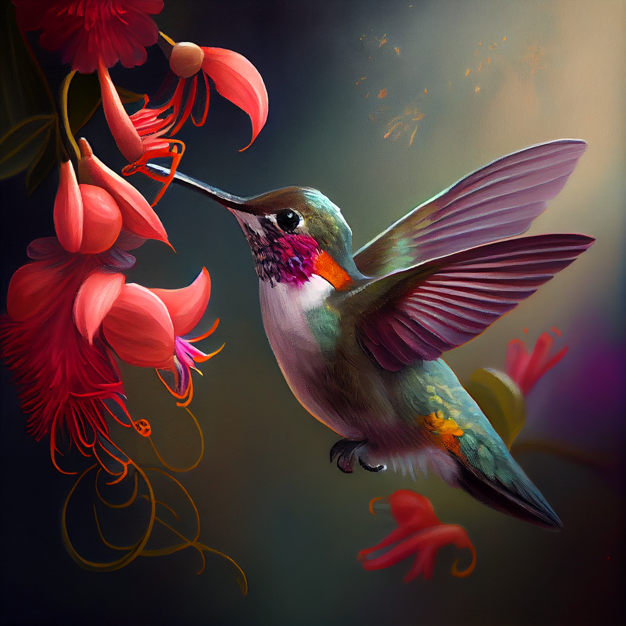 Graceful Wonder: A Realistic Art Print of a Hummingbird Nurturing Life from a Blossoming