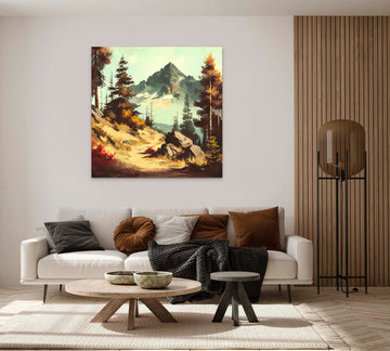Capturing the Serenity of Nature: Rustic Mountain Landscape Oil Color Print with Vintage Forest and Antique Scenery