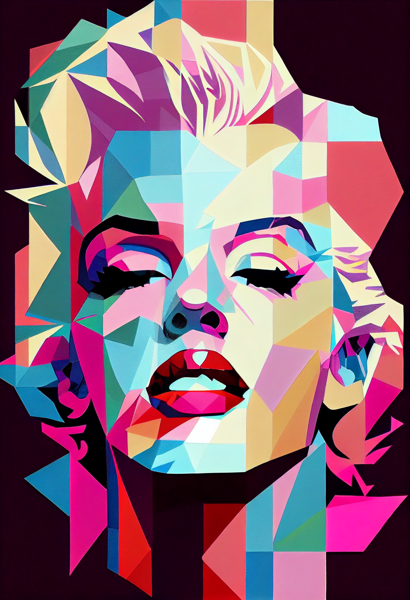 Pop Art Mosaic Marilyn Print: Colorful Geometric Shapes Forming Iconic Face in Bold Palette