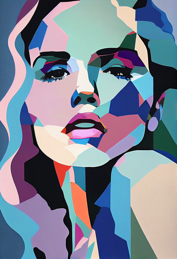 Geometric Woman Print: Pop Art Style Abstract Portraiture with Bold Mosaic of Colorful Geometric Shapes