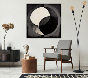 Contrasting Circles: A Striking Acrylic Painting Print on a Pastel Black Background
