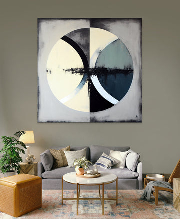 Duality in Motion: Black and Dusty Circles Acrylic Painting Print on Pastel Grey