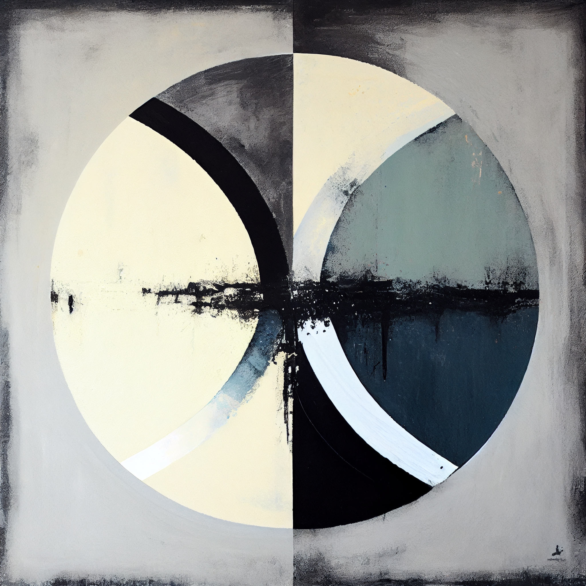 Duality in Motion: Black and Dusty Circles Acrylic Painting Print on Pastel Grey